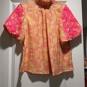 Woven Geometric Puff-Sleeve Blouse in Orange & Hot Pink